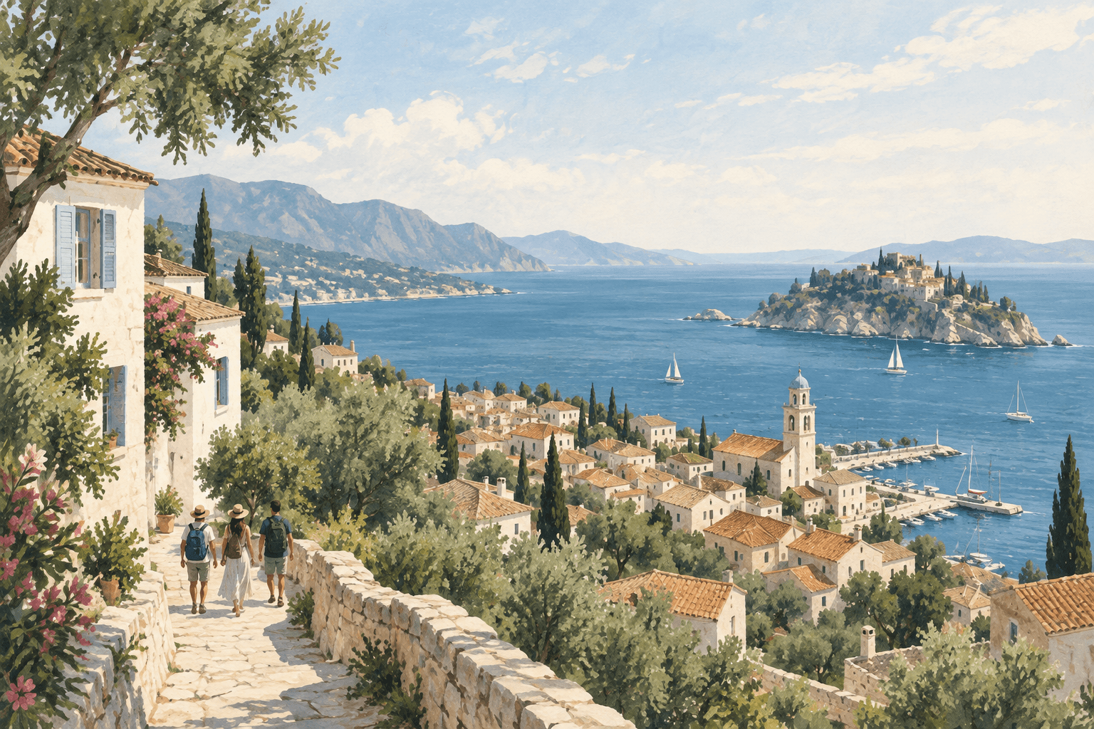 Three friends walking toward a sunny Mediterranean coastal village